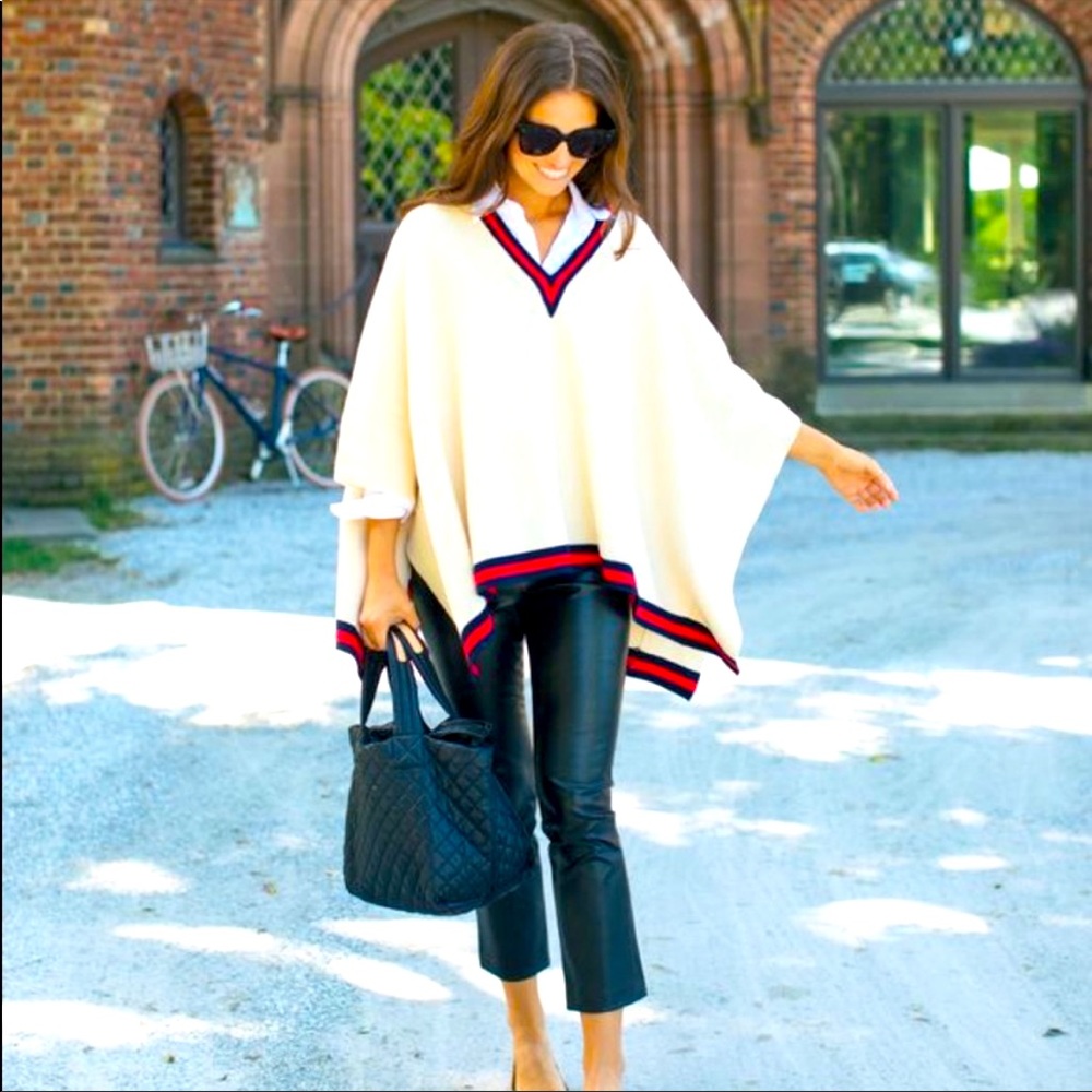 Tuckernuck Cream Knit V-Neck Poncho with Red & Navy Trim